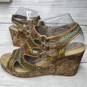 L'Artiste Spring Step Anavi Brown Multicolor Leather Laser Cut Wedge Sandals 39